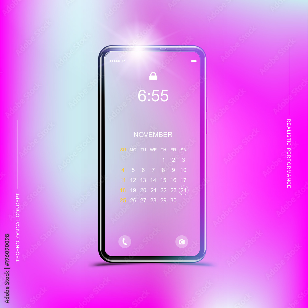 Poster template realistic smartphone with a gradient and screen lock on a colour background. phone with set