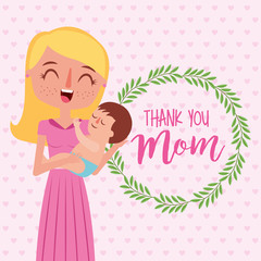 happy mom carrying a her baby boy - mothers day card vector illustration