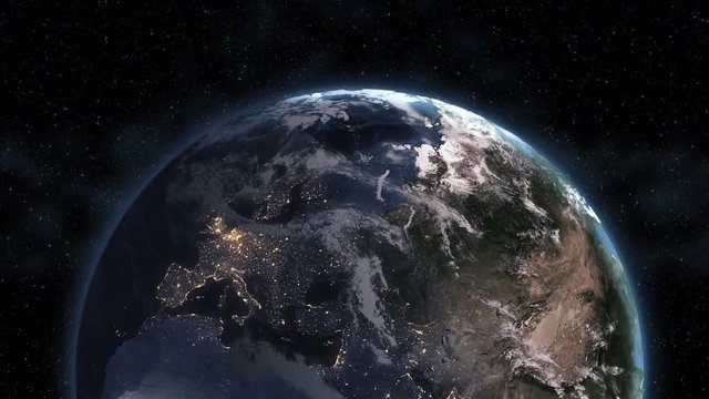 Europe View. Realistic Earth. Slowly Rotating Earth with Night City Lights. 3D Animation. 4k UH Detailed and Natural Textures. View Of Planet Earth From Space. Elements of this image furnished by Nasa