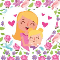 beauty mom huggings her daughter in heart floral - mothers day card vector illustration