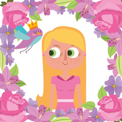 cute blonde girl cartoon flowers frame and bird - mothers day card vector illustration
