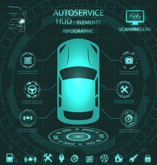 Scanning Car, Analysis and Diagnostics Vehicle, HUD Elements, Service Infographics with Icons