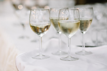 Empty glasses wine in restaurant. Glass water, campaign glass
