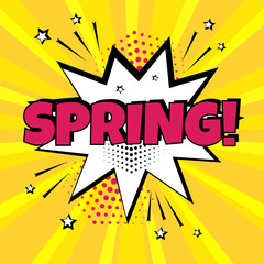 White comic bubble with pink Spring word on yellow background. Comic sound effects in pop art style. Vector illustration