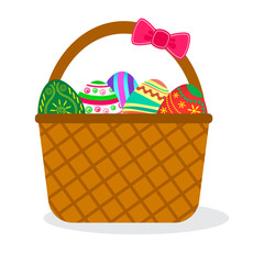 Colorful easter eggs in basket witn pink bow, isolated on white background. Vector illustration
