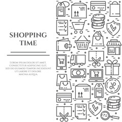 Shopping banner with one vertical rectangle of line icons with editable stroke.