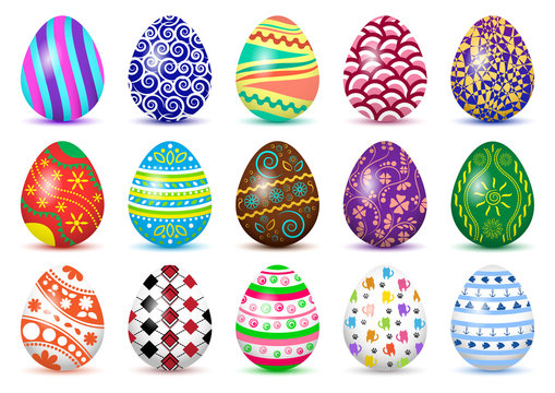 Colorful set of Easter eggs with colored shadow, isolated on white background. Vector illustration