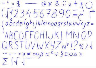 Manual text. Font handwritten. Mathematical signs are written by hand. Alphabet, punctuation marks for the design of manuscripts.
