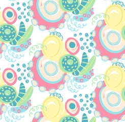 Fototapeta premium Vector seamless pattern with hand drawn abstract shapes, scribbles, spirales. Stains and spots of paint. Creative background. Freehand style. Design with doodle. Wallpaper, textile, wrapping, cover