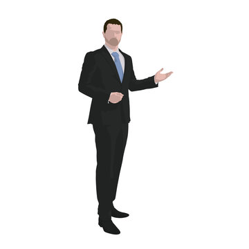 Business man in suit explaining his ideas, isolated vector illustration. Man in suit standing and speaking