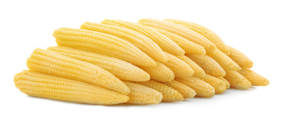 Heap of fresh young baby corn on white background