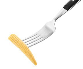 Fork with fresh young baby corn on white background