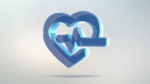 heart icon is made of glass. Transparent rotating medicine icon with alpha channel blue green color. Seamless looping symbol 3D figure