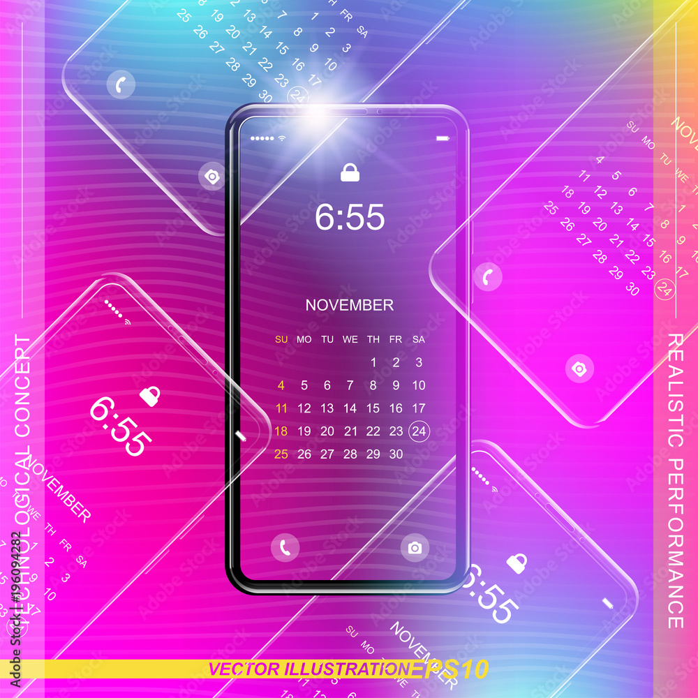 Poster template realistic smartphone with a gradient and screen lock on a colour background. phone with set