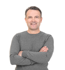 Portrait of male pensioner on white background