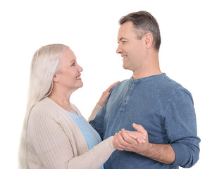 Portrait of happy pensioners on white background