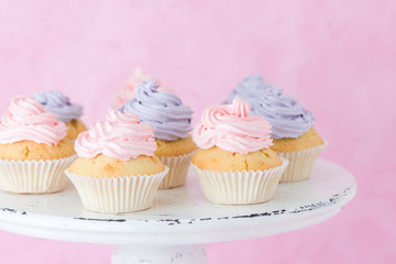 Cupcakes with violet and pink buttercream on shabby shic stand on pink pastel background.