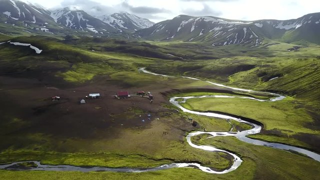 Over Camp in Iceland River Valley With Distant Mountains