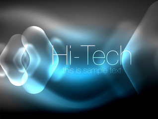 Blurred arrows in dark space. Neon pointers, glass glossy design, abstract shiny techno background, web banner