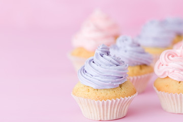 Cupcakes with pink and violet buttercream standing on pastel pink background.