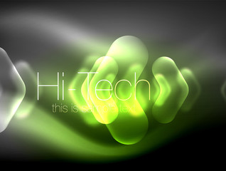 Blurred arrows in dark space. Neon pointers, glass glossy design, abstract shiny techno background, web banner