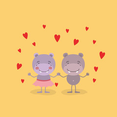 color background with couple of hippos holding hands in love vector illustration