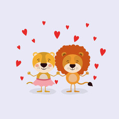 color background with couple of lioness and lion in love holding hands in love vector illustration