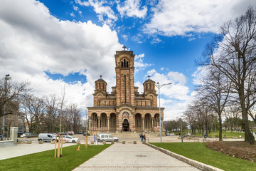 Fototapeta na wymiar Belgrade, Serbia March 12, 2018: St. Mark's Church or Church of St. Mark is a Serbian Orthodox church located in the Tasmajdan park in Belgrade, Serbia, near the Parliament of Serbia.