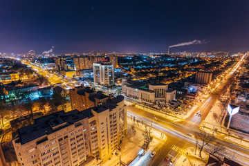 Night Voronezh aerial cityscape from rooftop. Residential area
