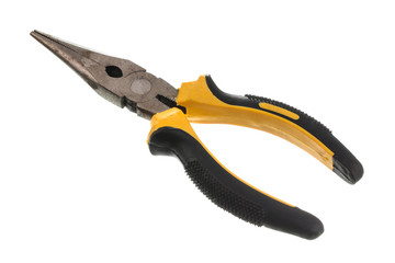 Obraz premium Needle nose pliers with yellow and black grips on a white background