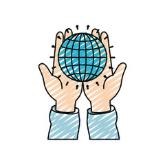 color crayon silhouette front view of hands holding in palms a globe chart with lines vector illustration