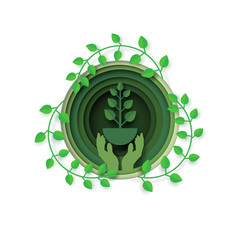 Green label and badge with hand holding plant.Nature,eco friendly and recycle concept of ecology and environment conservation paper art style design.Vector illustration.