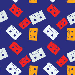Cassette tapes floating seamless pattern. Authentic design for digital and print media.