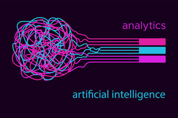 Big data vector illustration. Machine learning algorithm for information filter and anaytic in flat doodle style