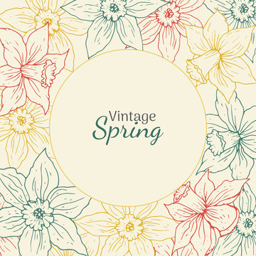 Daffodil vintage round frame. Hand drawn spring flower illustration