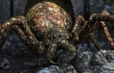 Closeup of a giant spider closing in on its prey. 3d rendering