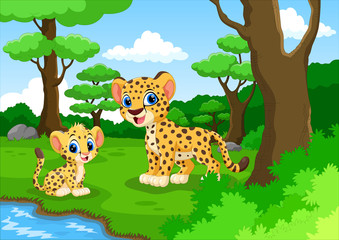 Cheetah cartoon in the forest with his cute son
