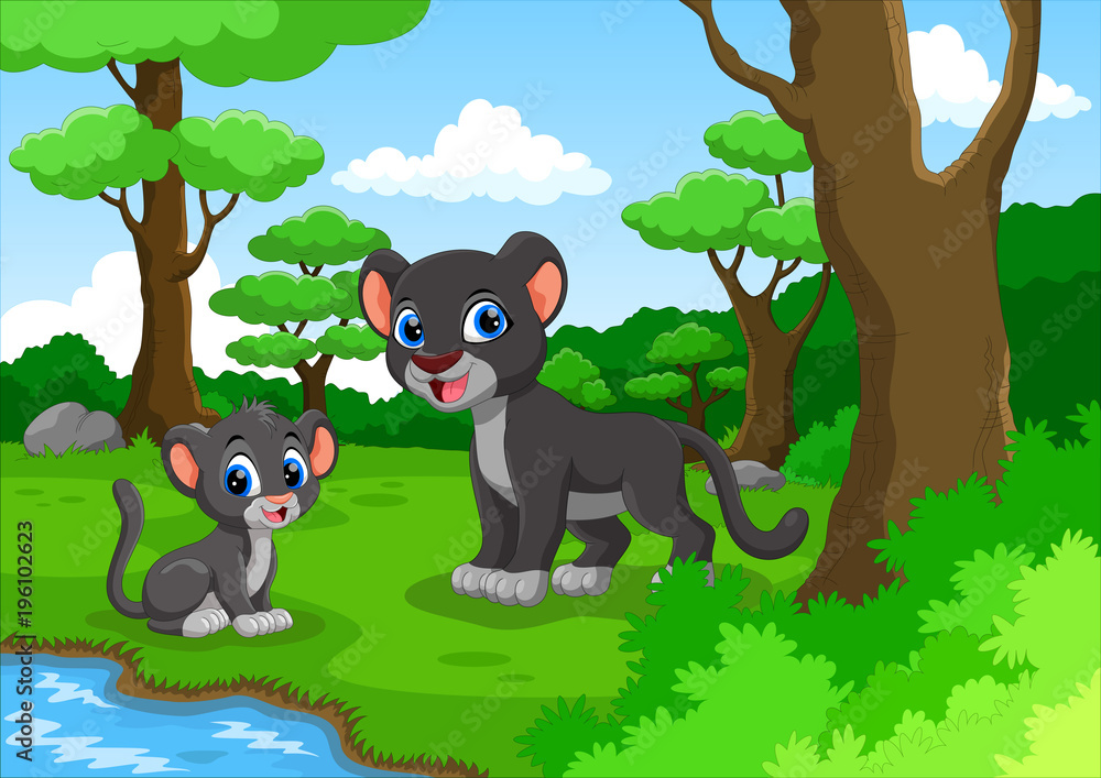 Wall mural black panther cartoon in the forest with his cute son