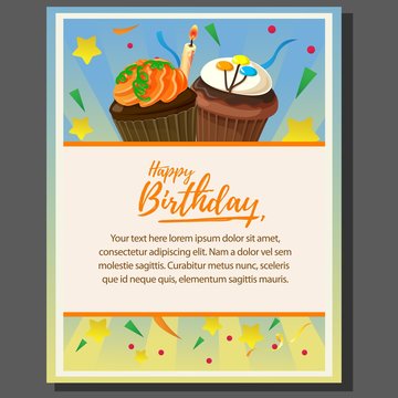 happy birthday theme poster with candle cupcake