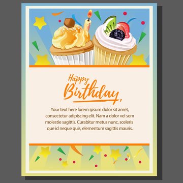 happy birthday theme poster with creme cupcake