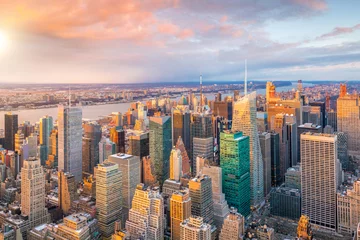 Papier Peint photo Lavable New York Aerial view of Manhattan skyline at sunset, New York City