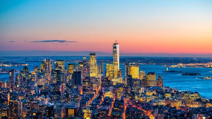 Fotobehang Luchtfoto van de skyline van Manhattan bij zonsondergang, New York City © f11photo