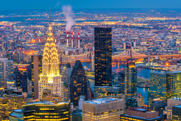 Aerial view of Manhattan skyline at sunset, New York City
