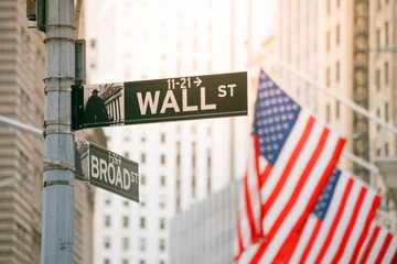 Tableaux ronds sur aluminium brossé Lieux américains Wall Street et Broad street sign à New York