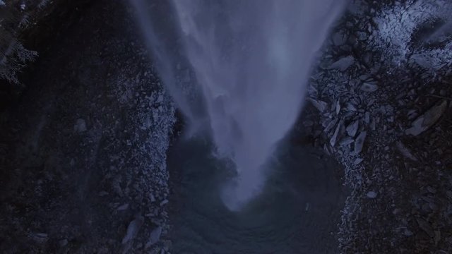 4k Aerial Snow Tennessee Waterfall Bird's Eye View 008 Close Hover