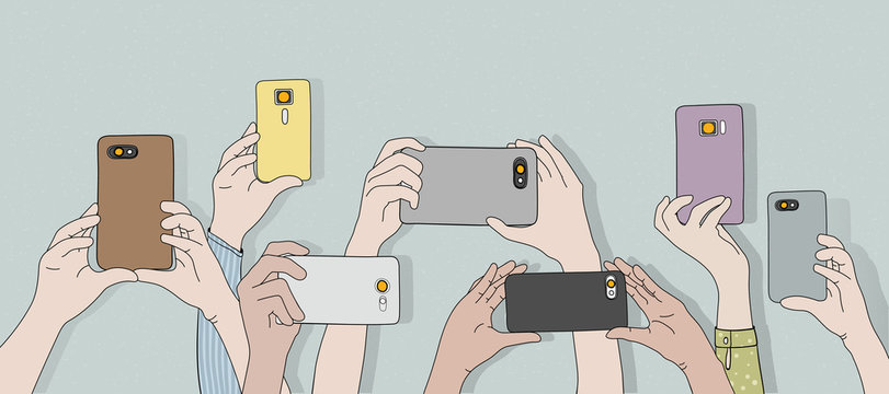 Illustration of hands holding cameras and taking photo
