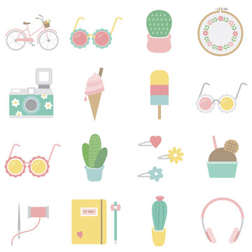 Illustration of summer icons in pastel