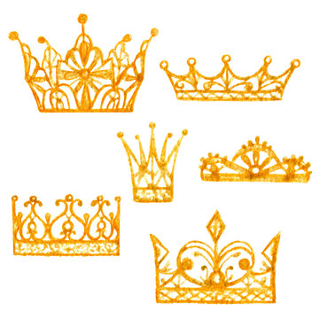 Raster vivid set of different golden crowns isolated on white. Royal and luxury themes, design element, image for different purposes.