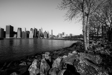 Landscape of Manhattan and Brooklyn Bridge. View of Brooklyn Bridge Park to Manhattan. - 196106299