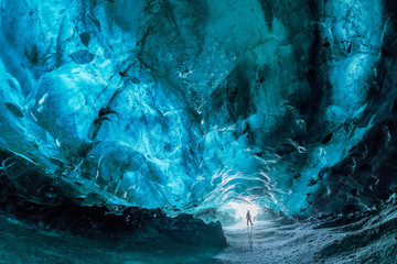 Inside of a blue glacier ice cave in Iceland